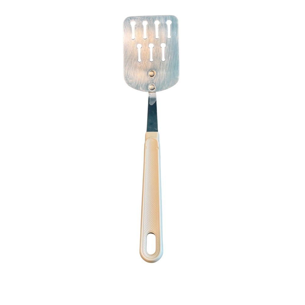 Vintage Ekco Slotted Spatula Chromium‎ Plated Off White Plastic Handle USA Made